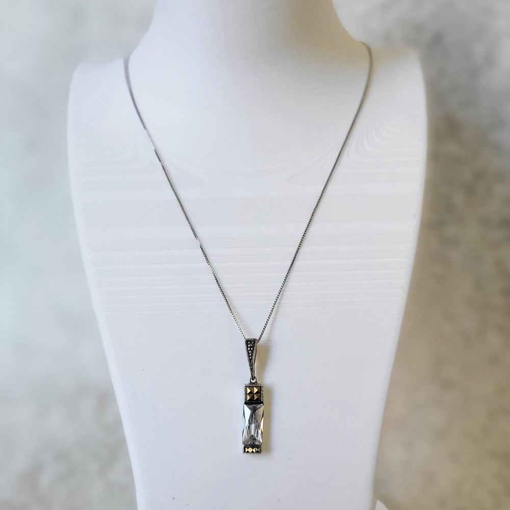 Sterling Silver 925 THAI Emerald Cut Cubic Zirconia Marcasites Necklace 18”